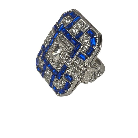 Art Deco Style Silver & Blue Statement Ring With Crystal Accents - Picture 11 of 11